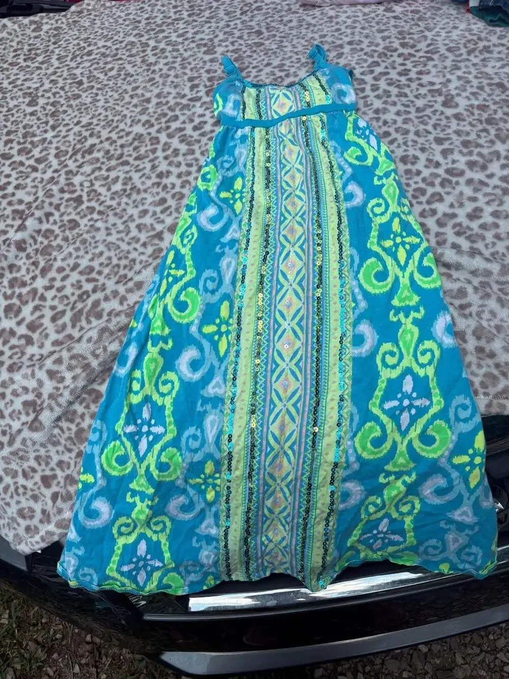 Justice Girls Blue Green Patterned Sequin Halter Maxi Dress Size 6